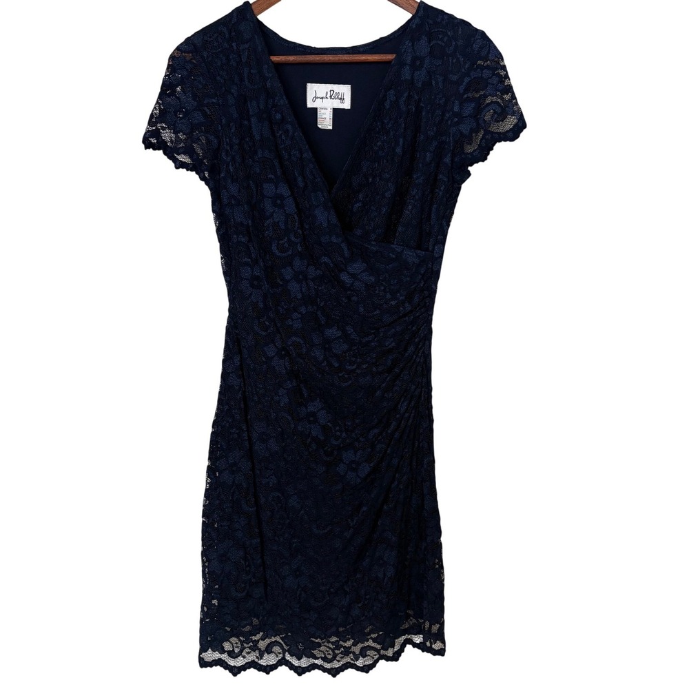 Joseph Ribkoff Lace Dress Womens 8 Navy Blue Ruched Wrap Sheath Cocktail Classic
